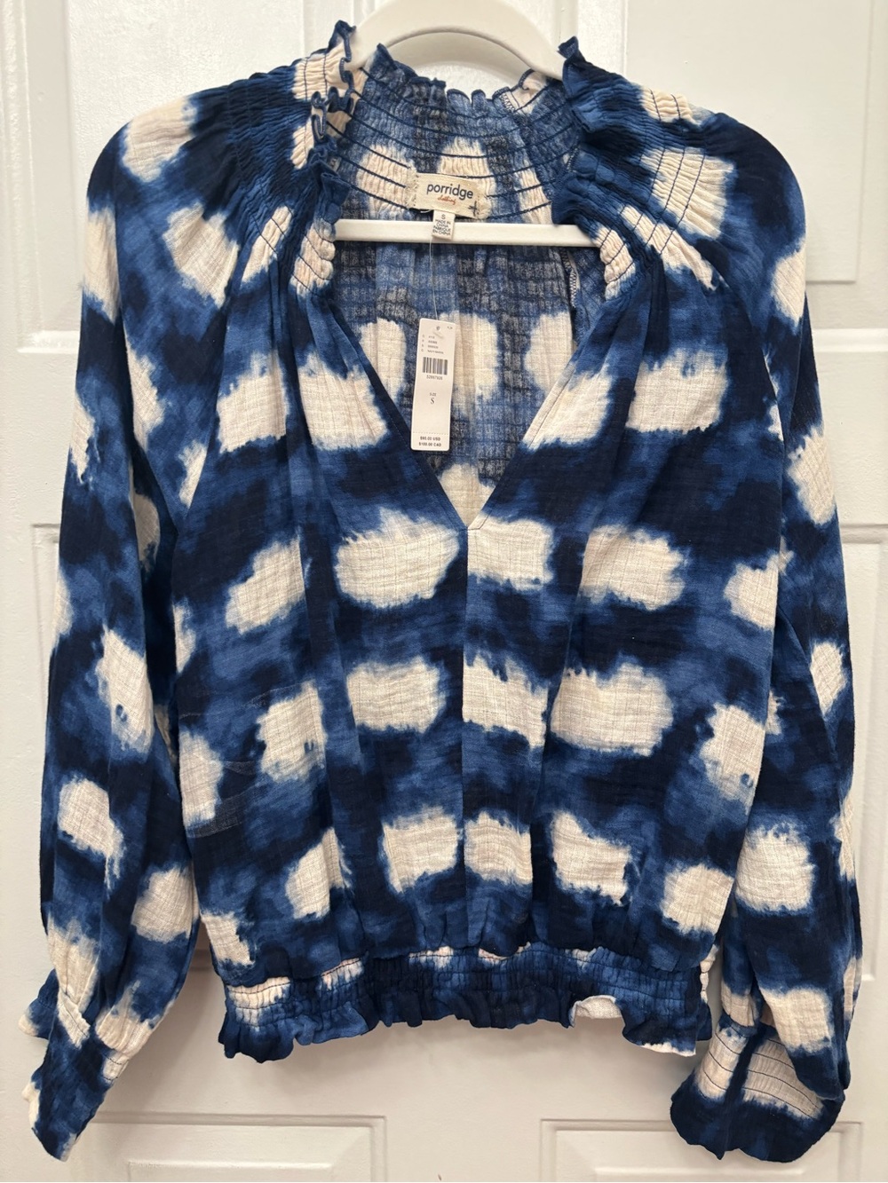 Anthropologie Porridge Women's Navy Tie-Dye Smocked Neck Blouse